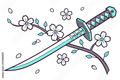 Stylized Teal Katana Sword with Cherry Blossoms and Leaves Vector Illustration.