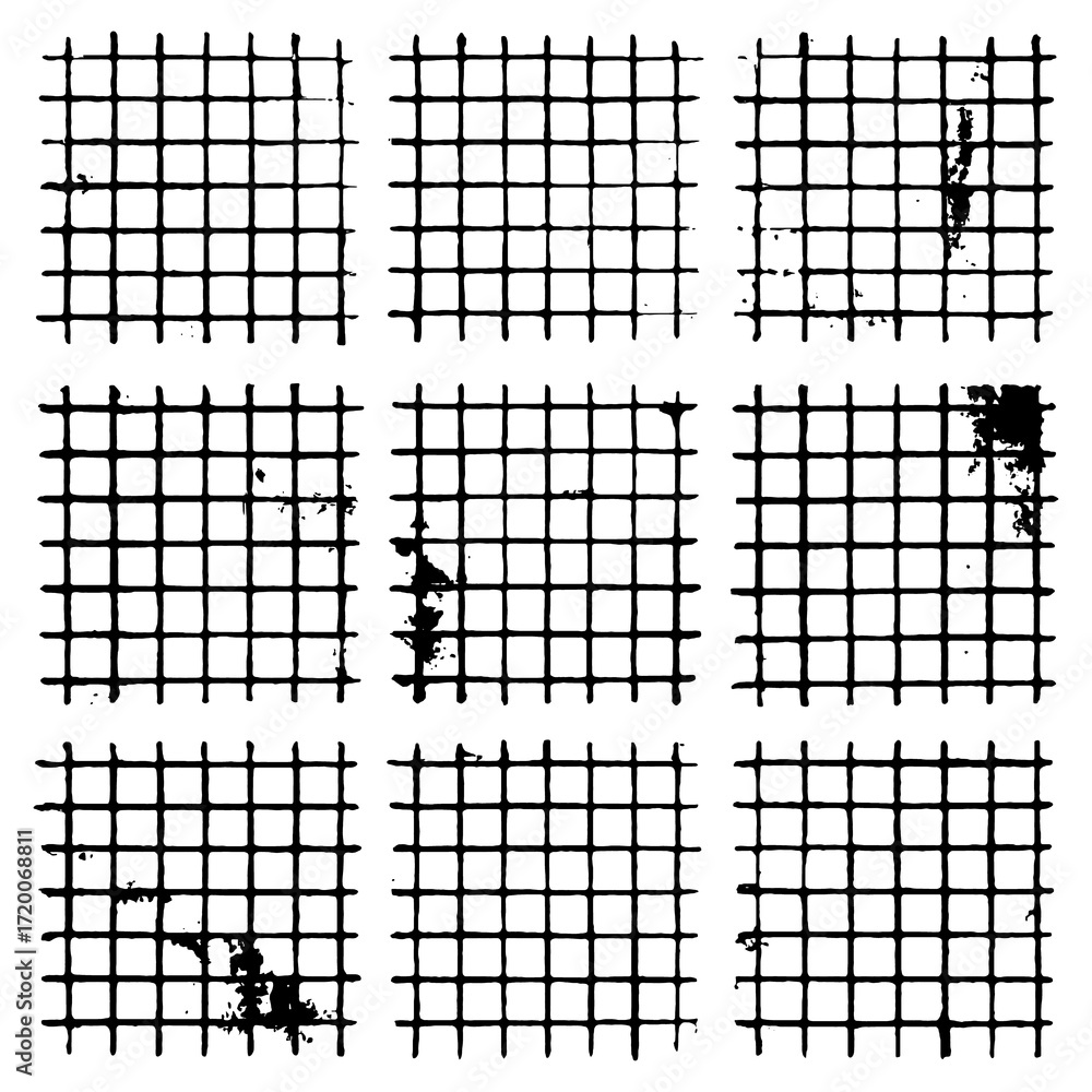 Fototapeta premium Grunge grid textures with distressed square patterns, Transparent Background