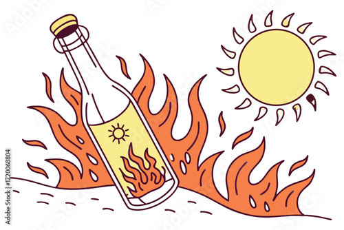 Vibrant Cartoon Bottle with Inner Sun and Flames Surrounded by Fiery Orange and Bright Sun.