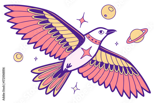 Vibrant cartoon bird flying with spread wings pink and yellow feathers purple outlines star collar.