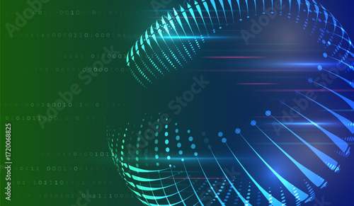Abstract digital background with glowing blue lines, dots, and a spherical shape on a green and dark gradient. Perfect for technology, innovation, and futuristic design concepts.