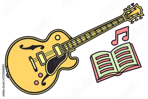 Vibrant cartoon yellow archtop electric guitar with open music book and musical note illustration.