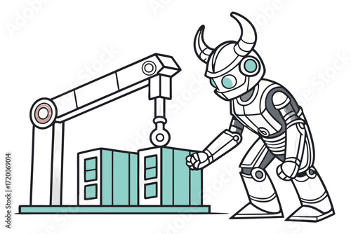 Vikinghelmeted robot and industrial crane building with light blue blocks cartoon illustration.
