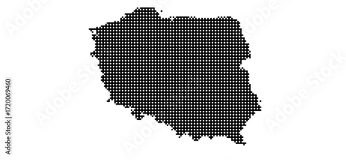 Digital rendition of Poland's shape, with a black dotted pattern, offers a minimalist, graphical view of the country's outline against a clear white background