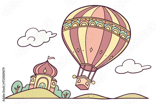 Whimsical Striped Hot Air Balloon with Decorative Band and Basket Floating in Cartoon Style.