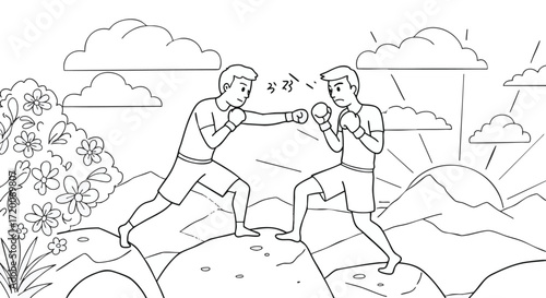 Vector line art illustration of two boxers fighting on a mountain top, a simple black and white outline for a coloring book activity