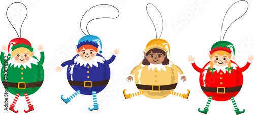 set elven christmas tree ornaments cheerful santas helpers happy elves decorative vector elements for holiday greeting cards posters web design