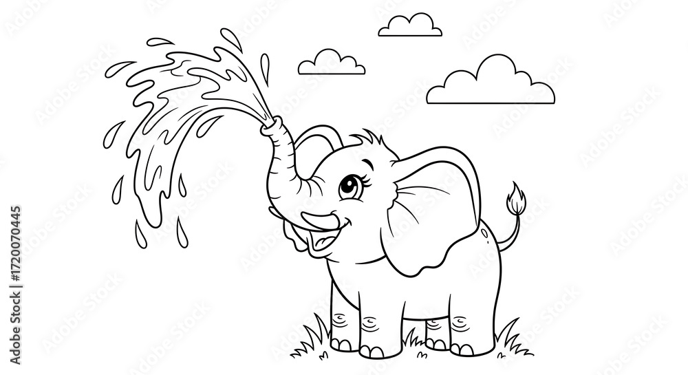 Obraz premium Cute Elephant Spraying Water from Trunk Coloring Page for Kids Activity