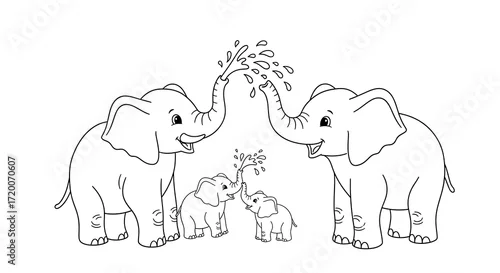Fototapeta samoprzylepna Happy Elephant Family Playing with Water A Cute Coloring Page Illustration