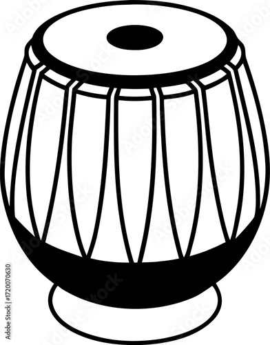 Line art of tabla folk instrument with strings isolated on white background, Minimal traditional musical instrument vector illustration, Folk percussion instrument outline, Tabla heritage instrument 