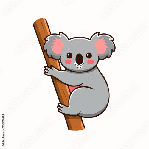 Cute cartoon koala climbing a tree branch with a white background, vector illustration