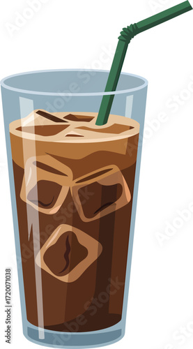 A tall glass filled with iced coffee and a green straw.