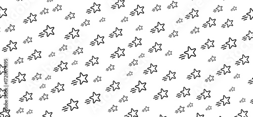 Seamless pattern with black outlined shooting stars of various sizes trailing lines against a white backdrop, evoking a whimsical and celestial cosmic design
