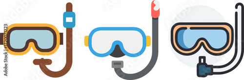 Colorful illustrations of scuba diving goggles and snorkels in a row