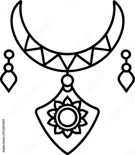 Minimalist Line Art of Tribal Jewelry Set, Ethnic Accessory Vector, Handcrafted Ornament Illustration, Isolated Traditional Design