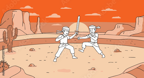 Desert Duel A Western Showdown in Vector Art Style, Arizona landscape with fighting characters