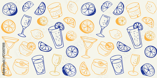 Hand drawn seamless pattern of refreshing citrus drinks and lemon slices in blue and yellow colors