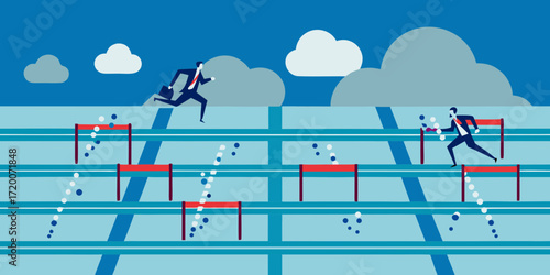 Businessmen overcoming obstacles and hurdles in a race on a track with clouds in the sky