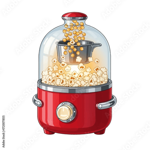 Retro-style popcorn popper, showing kernels popping inside a glass dome.