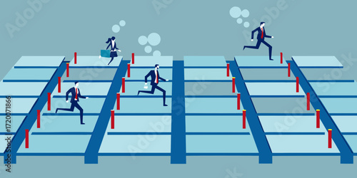 Business people running on a track with hurdles representing challenges and competition