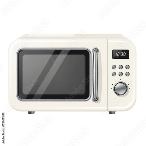 A retro-style cream-colored microwave oven with a glass door, chrome handle, and digital display, showcasing a modern kitchen appliance.