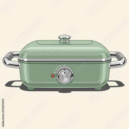 A stylish retro sage green electric skillet with a lid, control dial, and chrome handles, shown in a clean vector illustration.