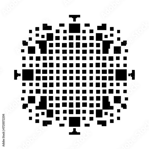 Symmetrical arrangement of black squares forming a circular pattern on a white background with accents around