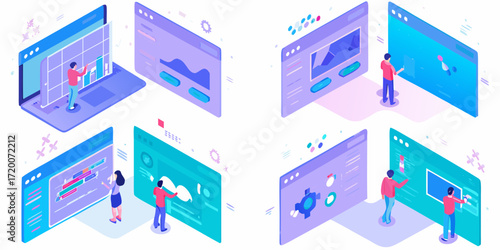 Isometric illustration of people interacting with digital interfaces and data visualization dashboards