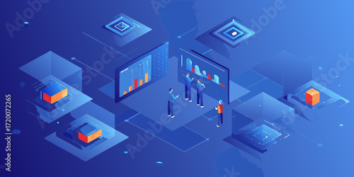 Isometric illustration of a team analyzing data and charts in a futuristic digital environment