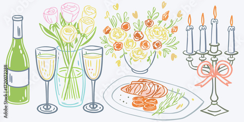 Romantic dinner setting with champagne flowers and candles illustration