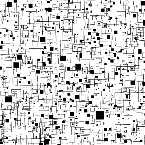 Dense arrangement of black squares and outlined squares scattered across a white background in an abstract style
