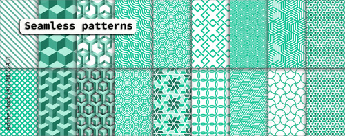 18 beautiful seamless geometric patterns set in green, fully editable