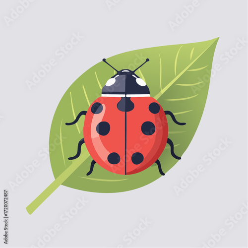 Close-up of a vibrant ladybug with black spots resting on a fresh green leaf, detailed illustration