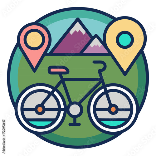 Bicycle adventure with location pins and mountain backdrop icon