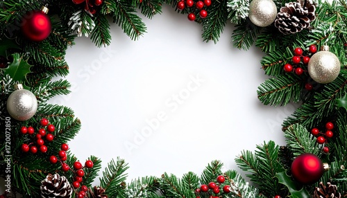 Wallpaper Mural Festive Christmas wreath with pine branches, red berries, and ornaments framing white background Torontodigital.ca