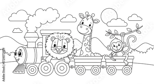 Photography Adorable Animals on a Train Coloring Page for Kids Fun Activity