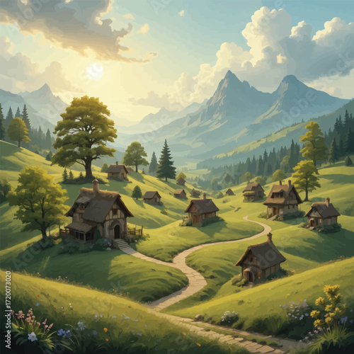 Scenic Rural Landscape with Traditional Wooden Chalets, Green Valley Meadows, Pine Forest, Blooming Summer Flowers and Dramatic Golden Hour Cloudy Sky