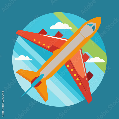 Stylized airplane flying through a circular sky with clouds and stripes