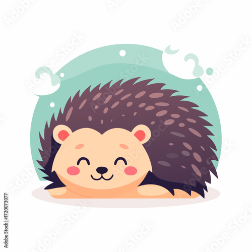 Cute and happy cartoon hedgehog illustration featuring a friendly spiky animal with a sweet smile, resting peacefully against a soft, calming background, perfect for a whimsical and delightful design