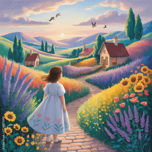 Idyllic Mountain Countryside with Wooden Cabins, Winding Stone Path, Blooming Wildflowers, Tall Evergreen Trees and Snow-Capped Peaks Under Bright Golden Morning Sunlight