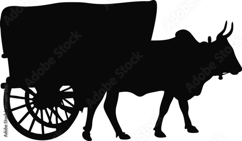 Black Silhouette of Traditional Bullock Cart Side View, Rural Transport Vector, Minimal Folk Vehicle Illustration, Heritage Farming Design