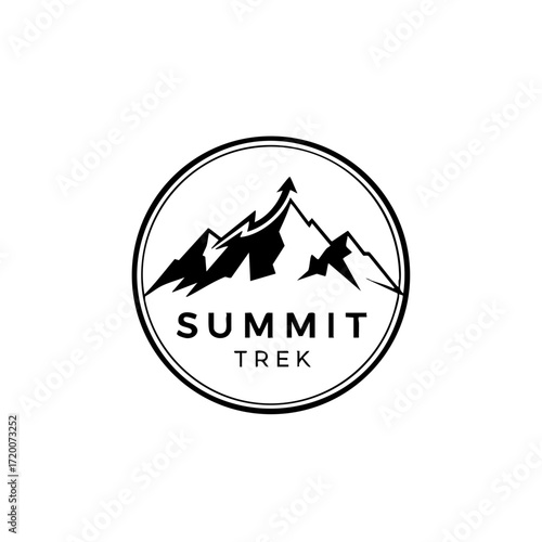 Mountain summit trek logo design with rugged peaks and circular frame for outdoor adventure branding vector illustration