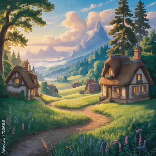 Dreamy Fairy Tale Village with Thatched Roof Cottages, Smoke Rising from Chimneys, Rolling Green Hills, Flower Beds and Serene Mountain Horizon
