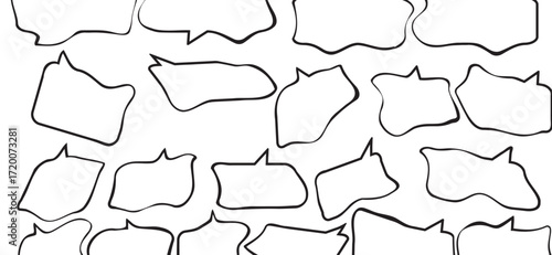 A seamless white background is filled with speech bubbles, featuring a clean and minimal design with flowing, irregular black outlines that create a modern and communicative pattern