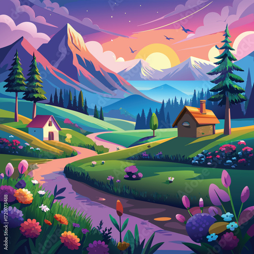 Idyllic Alpine Countryside with Rustic Wooden Chalets, Lush Green Valley, Blooming Summer Flowers, Evergreen Forests and Golden Hour Sunlight Behind Snowy Peaks
