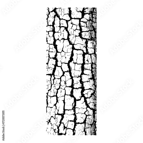 Close up of tree bark texture with deep cracks and rough edges in black and white illustration design