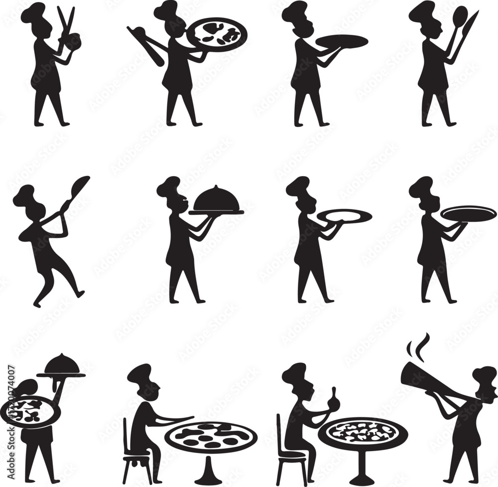 Obraz premium Collection of Chef Silhouettes Preparing and Serving Pizza and Other Dishes Keywords: chef, silhouette, pizza, cooking, serving, food, dish, plate, tray, spoon, knife, fork, wine, bottle, table