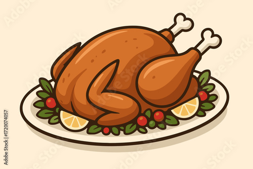Roasted turkey on a platter with garnish, festive mood, in a holiday dinner style, copy space
