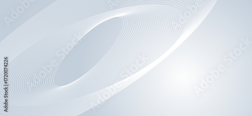 Abstract background features soft, swirling white lines against a gentle gradient from light gray to pure white, forming a dynamic, elegant, and minimalist design