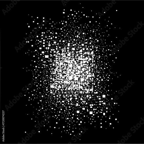 Dense aggregation of white squares scattered across a black background creating a pointillistic effect